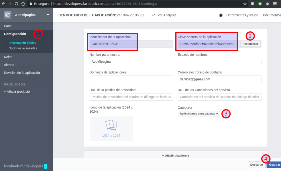 Página de administración de app Facebook