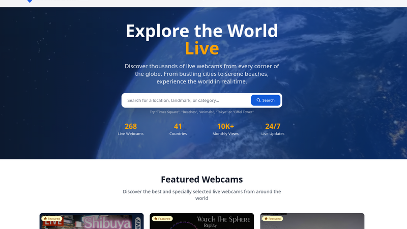 GeoWebcams platform showing live webcams from around the world